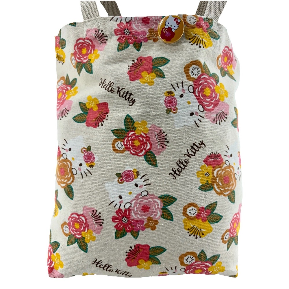 Hello Kitty Floral Canvas Tote Bag w/ Pin‎ Badge 13x10x6 Sanrio 2024